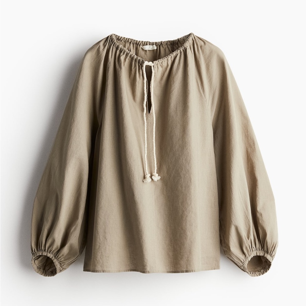 H&M Linen Blend Peasant Poplin Top Tan Beige